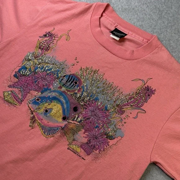 Vintage 1994 Diamond Dust Fish Coral Tee M Single Stitch USA Made Glitter Ink - Picture 1 of 10
